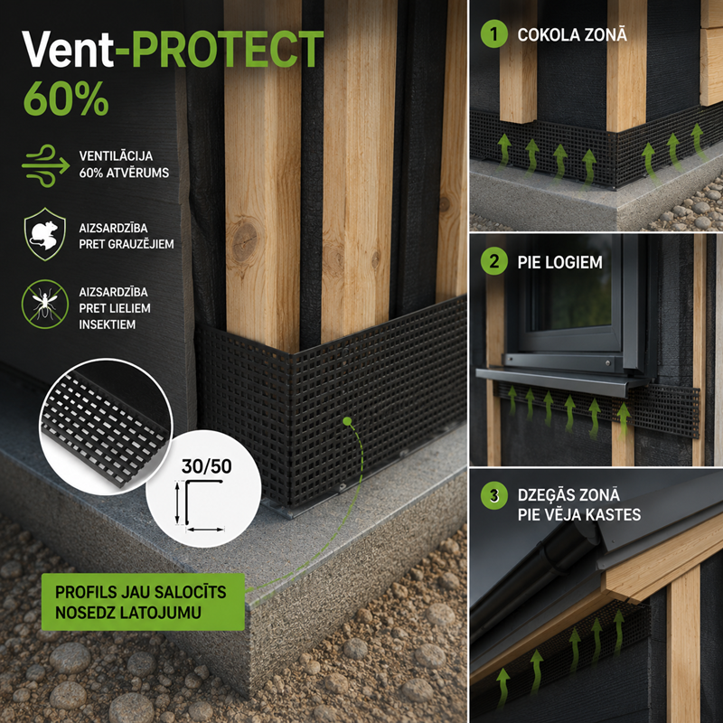 Vent-PROTECT melns perforēts latojuma aizsargprofils ventilējamām fasādēm (30/50mm x 2,5m) 081181-82 - Image 4