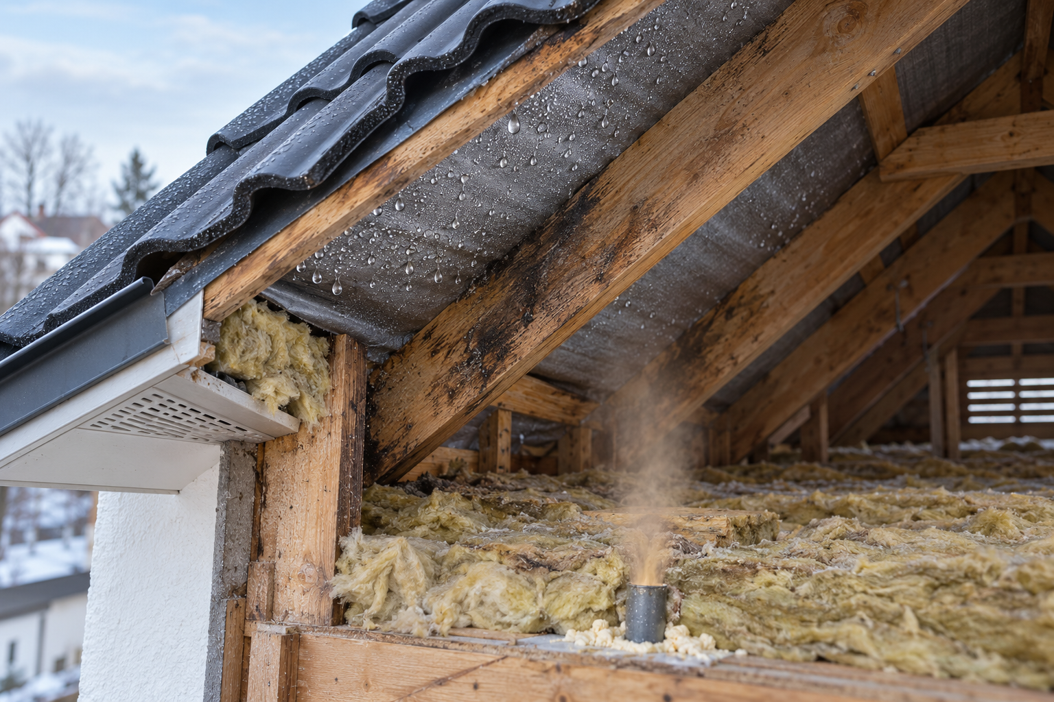 defektu šakums nepareizi ventilējot un siltinot bēniņus